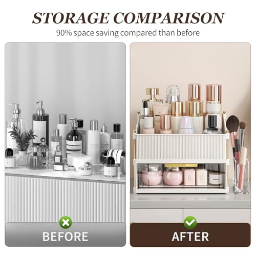 INVSSENE Stackable Makeup Organizer Countertop, Storage Perfume Skincare Cosmetic Lipstick Face Mask Makeup Brush Palettes, Ideal for Vanity Bathroom Counter - color: 3514 White+Clear