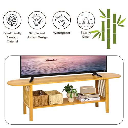 Bamboo TV Stand for TVs up to 65", Accent Entertainment Center with Storage, Media Console Table with Rattan, Modern TV Stand for Living Room, Bedroom, 55"(L), Burlywood - color: Burlywood Rattan