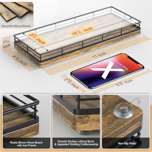 Rustic Bathroom Toilet Tank Tray, 11.2" Wood Toilet Paper Storage Basket Back of Toilet Basket Organizer, Vanity Tray for Perfume Makeup Candle Kitchen Counter Coffee Table Decor - color: Rustic Brown, size: 11" x 4.3" x 1.5"