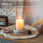 Glasseam Hurricane Glass Candle Holders, Rustic Pillar Candle Holder Set of 2, Farmhouse Candle Holders for Table, Cylinder Candle Holder with Beaded Candle Plates for Dining Living Room Decorations