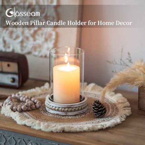 Glasseam Hurricane Glass Candle Holders, Rustic Pillar Candle Holder Set of 2, Farmhouse Candle Holders for Table, Cylinder Candle Holder with Beaded Candle Plates for Dining Living Room Decorations