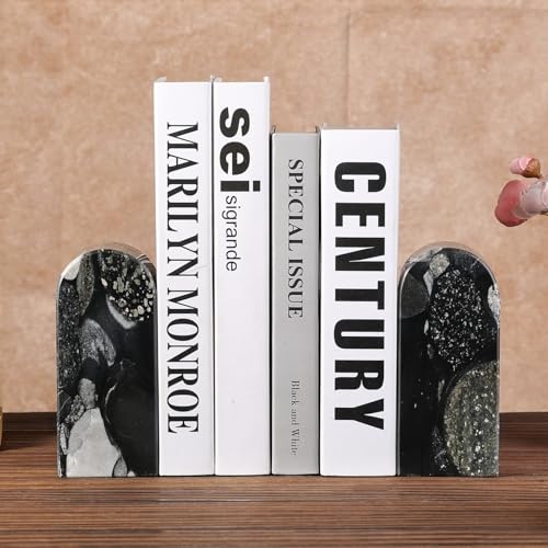 Koville Luxury Marble Bookends for Shelves, Decorative Stone Book Ends, 7lbs Heavy-Duty Marble Book Holders, Bookshelf Apartment Decor for Normal Books/CD/Video Games - color: Black Gold Marinace, size: 7lb