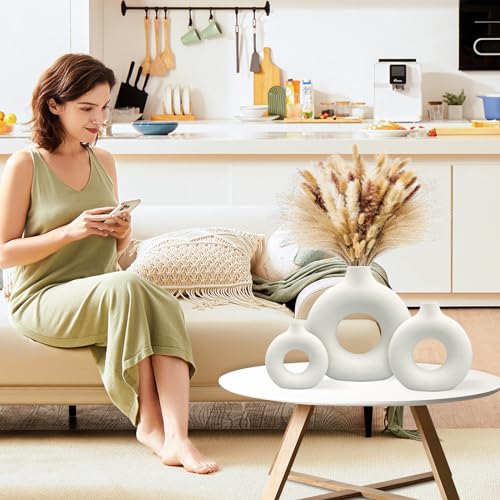 White Ceramic Vases Set 3 for Modern Home Decor,Round Matte Pampas Flower Vases Minimalist Nordic Boho Ins Style for Wedding Dinner Table Party Living Room Office Bedroom, Decorative Gift - color: White, size: Small + Big + Super Large