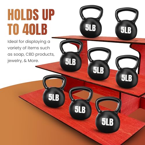 3-Tier Straight Retail Table Display Stand with Shelves for Products | 3 Step Straight Display Rack for Counter Top, Craft Shows, Farmers Market, Trade Shows, Pop ups, Soap Display, Candles (Red) - color: Red