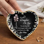 Personalized Jewelry Dish for Daughter in Law, Ceramic Trinket-Dish Heart Shape Ring Holder, Mother in Law Gift, Sentimental Keepsake Tray, Birth Floral Jewelry Organizer - color: Daughter In Law 127