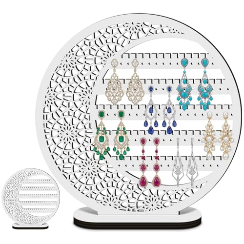 Kathfly Large Boho Moon Earring Display Stand for Mother's Gift 10 Inch Wooden Floral Goth Earrings Stud Jewelry Holder Organizer Dangle Hanging Holder Gift for Women(White) - color: White