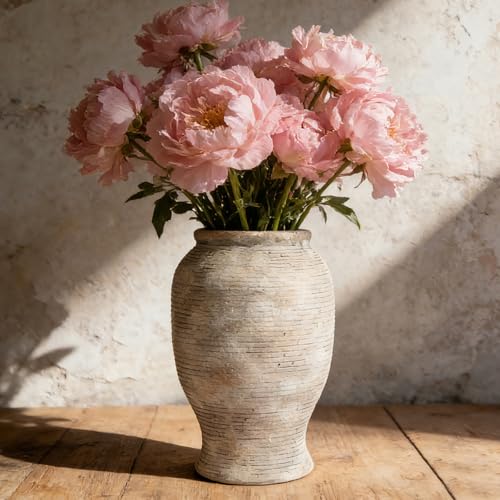 9" Ceramic Vase for Flowers - 100% Waterproof Farmhouse Rustic Flower Vase, Hand-Finished Ribbed Textured Decorative Vase, Distressed Oatmeal Pottery for Modern Home Decor, Mantel, Shelf