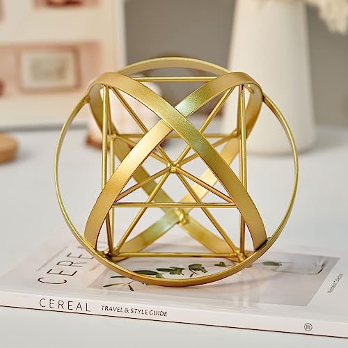 HLQMFHT 7 inches Metal Geometric Abstract Sculpture， Metal Geometric Sculpture Decor Sphere, Tabletop Decor for Living Room,Study,Bedroom,Modern Home Decor Accents - color: Gold-a