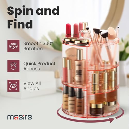 Masirs Rotating Makeup Organizer for Vanity, Large 360° Spinning Cosmetic & Skincare Organizer, Adjustable Shelf Height, Perfume Stand, Countertop Storage for Bathroom or Bedroom, Pink - color: Pink