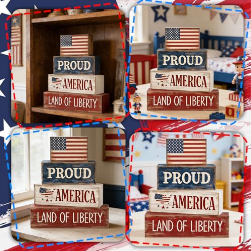 4Pcs 4th of July Decorations Red White and Blue Wood Blocks Patriotic Tiered Tray Decor Farmhouse Style Table Centerpiece for Office Memorial Day Shelf 250th Anniversar - style: Americana