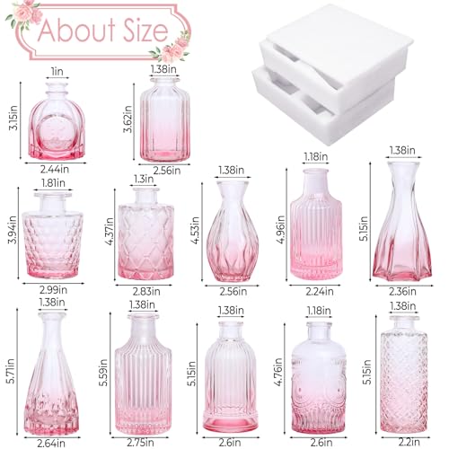 TBWIND Pink Glass Bud Vases Set of 12, Vintage Mini Vases for Centerpieces, Glass Bud Vase in Bulk for Wedding Decor, Single Flowers, Office and Home Table Flower Décor - color: 12pcs-pink