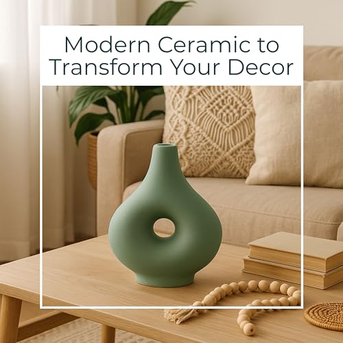 Modern Ceramic Vase with Open Cut-Out Design for Living Room Decor - Decortive Flower Vase for Home Accents, Bedroom, or Office Decor - Ideal for House and Entryway Table Display - 7", Green - color: Green, size: 7.0" H