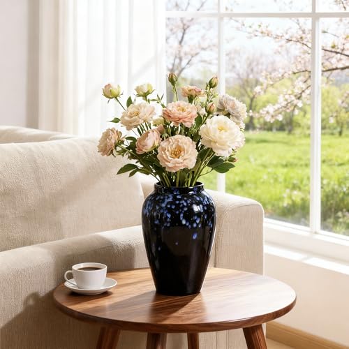 6” Tall Ceramic Vase for Home Decor, Heavyweight Speckled Ceramic Flower Vase for Farmhouse Centerpieces, Modern Table Mantel Shelf Decor, Perfect for Fresh or Artificial Flowers (Black) - color: Black