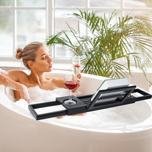 Utoplike Bamboo Bathtub Tray Black, Adjustable Bath Caddy Table for Tub, Bathroom Organizer with Book Tablet Wine Glass Cup Towel Holder - color: 19.8-33.5 in Black