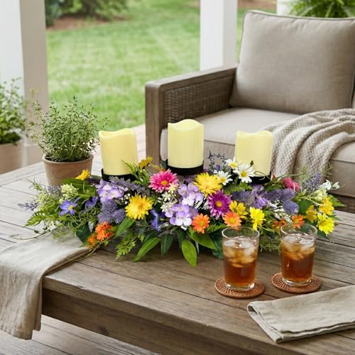 26 Inch Spring Summer Centerpiece with 3 Candle Holders Floral Table Centerpiece with Daisies and Wildflowers for Dining Table Mantel Wall and Farmhouse Table Decoration