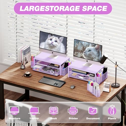 OPNICE Desk Organizers and Accessories, 2-Tier Computer Monitor Stand Riser with Drawer and 2 Pen Holders, Laptop Stand, Office Desk Accessories & Office Decor for Women, Purple - color: Purple 1-Pack