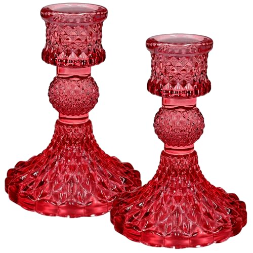Glass Candlestick Holders Set of 2，Taper Candle Holders Fit 0.8 Inch Candles, Crystal Decorative Candle Stand Centerpiece for Table Wedding Dinning Party 4 Inch Tall (Red) - color: Red