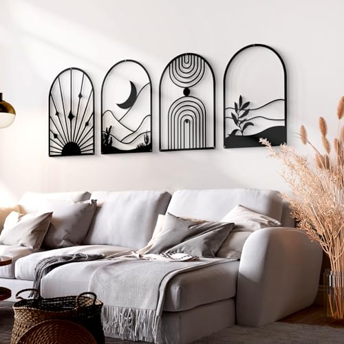 Glamativity 4 Pack Black Abstract Metal Wall Art, Minimalist Décor Single Line Art Wall Décor, 3D Textured Metal Wall Sculptures, for Living Room Bedroom Bathroom Study Room (Black Boho, L Size 22.5 x 15.7'') - color: Black Boho, size: L Size 22.5 x 15.7'