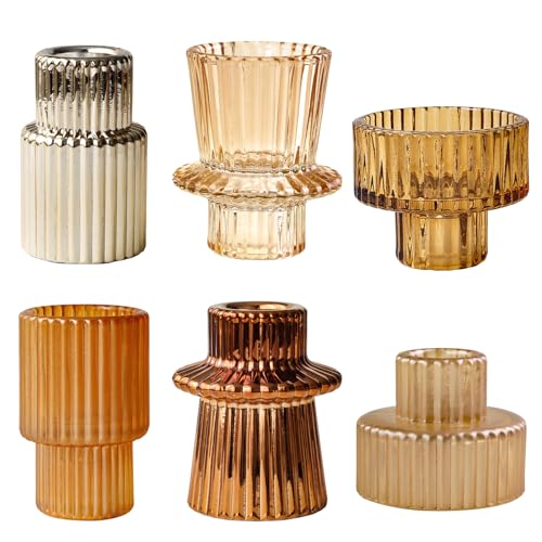 Gold Candlestick Holders 6PCS for Tealight Candle Stick Candles, Ribbed Glass Taper Candle Holders Set Table Centerpieces for Thanksgiving Christmas Farmhouse Decor Indoor and Outdoor - color: Gold