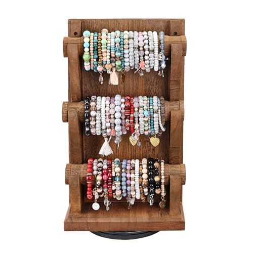 Ikee Design Two-Sided Rotating Wooden Jewelry Bracelet Display Stand-6 Removable Holders, 3 Tier Bar Bangle Organizer-Perfect for Bracelets and Jewelry Display for Vendors, Brown Color - color: 1) Brown, 6 Bars