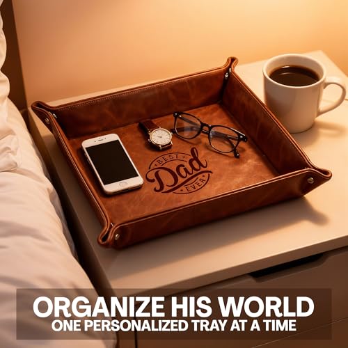 Leather Valet Tray for Best Dad – Personalized Engraved Catch All Tray with Custom Name or Initials – Unique Leather Organizer Gift for Father’s Day, Birthday, or Christmas from Daughter, Son, or Wife - style: Best Dad