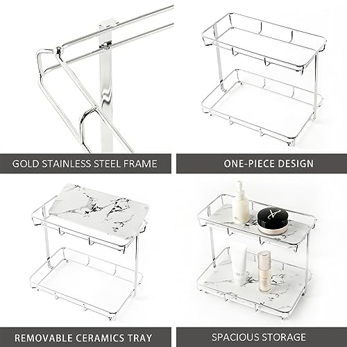 Bathroom Organizer Countertop Perfume Organizer Makeup Organizer Cosmetics Storage Display Rack Vanity Tray Dresser Stainless Steel Gold Shelf White Marble Ceramic Tray (2 Tier L-Sliver) | Perfume Organizer, Makeup Organizer, Cosmetics Storage, Vanity Tra