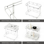 Bathroom Organizer Countertop Perfume Organizer Makeup Organizer Cosmetics Storage Display Rack Vanity Tray Dresser Stainless Steel Gold Shelf White Marble Ceramic Tray (2 Tier L-Sliver) | Perfume Organizer, Makeup Organizer, Cosmetics Storage, Vanity Tra