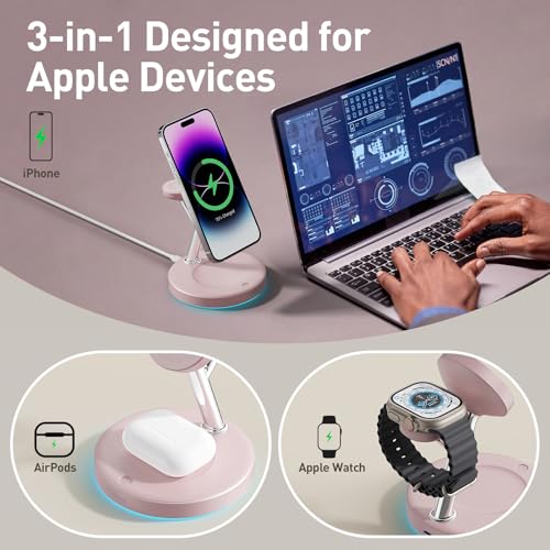 New 3 in 1 Charging Station for Apple Compatible with Magsafe Charger Stand for iPhone 17 16 15 14 13 12 Wireless Charging Station for AirPods Wireless Charger for iWatch Series - color: Pink