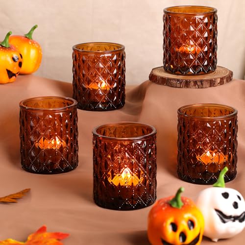 MATAHUM 12Pcs Large Votive Candle Holders 2.8 * 3.2in Amber Tea Light Candle Holders Glass Candle Holder for Bridal Shower, Wedding, Table Centerpiece, Party, Home Decor - color: Amber