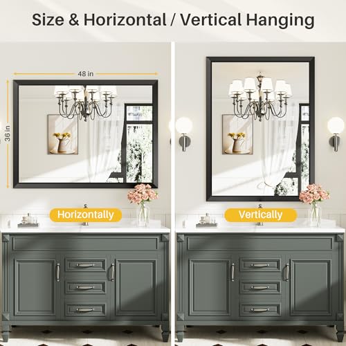 Briivue 48x36 Inch Black Bathroom Mirror for Wall, Thick Metal Framed Rectangle Mirrors for Over Sink, Bedroom, Living Room, Entryway, Anti-Rust, HD Tempered Glass - color: Black, size: 48"L x 36"W