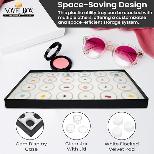 Novel Box Jewelry Display Tray Black Wood 8.25 x 14.75 x 1 Large Jewelry Tray with 24 Gem Jars Insert | Rectangular Display Trays for Collectibles | Rock Collection Tray | Gem Display Tray - color: 24-Gem Jars White Foam Liner, size: Wood Tray: 8.25 x 14.