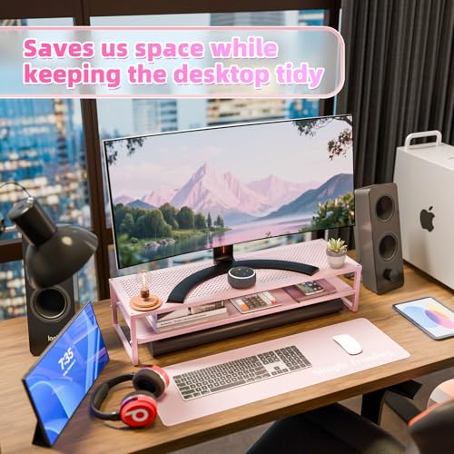 Simple Trending 2 Tier Metal Dual Monitor Stand Riser, Computer Office Desktop Organizer for 2 Monitors with 32"x10" Mouse Pad for Laptop, Printer, TV, Pink - color: Pink, size: 32"L x 10"W x 7"H