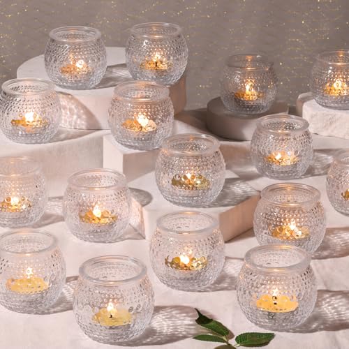 16 Pcs Clear Tea Light Holders, Round Glass Candle Holders with Polka Dot Embossed for Table Centerpiece, Votive Candle Holders for Weddings, Home Decor, Baby Shower, Special Occasions - color: Clear
