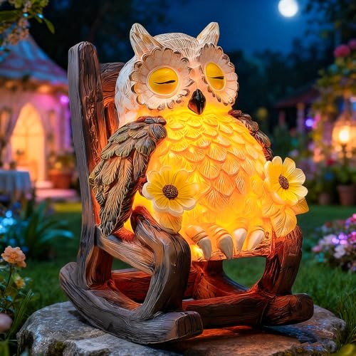 LIULO TOOL Garden Gift for Mom Grandma, LED Solar Owl on Chair Patio Sculpture, Cute Outdoor Fairy Garden Housewarming Decor Figurine 6x4.5x3.3 in - color: Owl