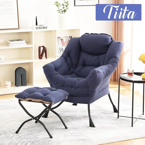 Tiita Lazy Chair with Ottoman, Navy Modern Large Accent Chair, Comfy Leisure Sofa Armchair with Ottoman, Reading Chair with Footrest for Bedroom, Living Room, Dorm Rooms, Navy - color: Peach Skin Navy
