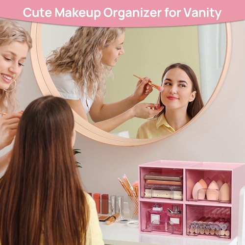 Vtopmart 4Pack Small Stackable Storage Drawers, Bathroom Makeup Organizer,Plastic Storage Bins For Vanity, Undersink, Kitchen Cabinet, Pantry, Home Organization(Pink) - style: 4pack-Pink