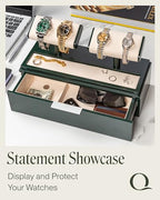 QWATCH Watch Stand Display Case - Acrylic Watch Box for 2 or 4 Watches with Jewelry Valet Tray and Drawer - color: Double - Green / Ivory