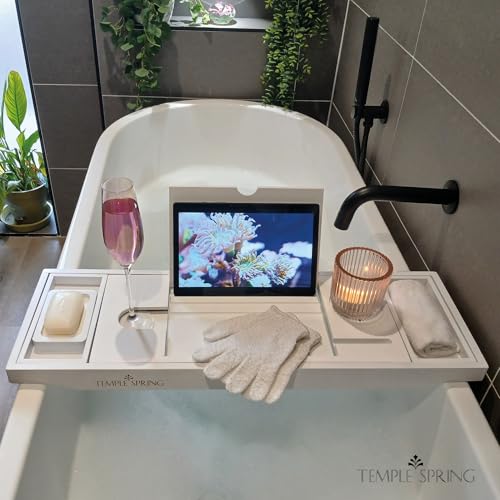 Temple Spring Bamboo Bathtub Tray Caddy for Tub — Expandable Wood Bath Tray with Solid Book Stand Wine Holder and Non-Slip Pads — Includes Bamboo Soap Dish and Spa Accessories — Luxury Bath Gift Set - color: White
