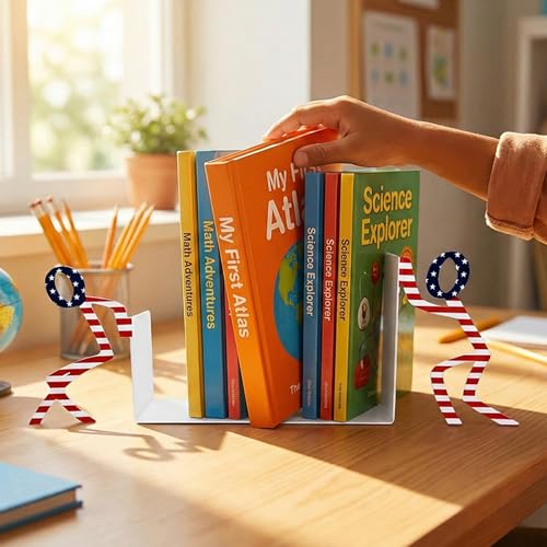 Figurine Bookends with Book-Holding Characters - Steel with Epoxy Coating - Decorative Pair of Book Holders for Shelves, Desk, and Office - Patriotic American Flag Colors – Geguton - color: Liam Classic - Colorful