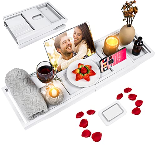 Foldable Bathtub Caddy Tray, Bamboo Bath Tub Tray Table for Tub with Wine Glass Holder Book Phone Tablet Holder with Extending Sides, Adjustable Bathroom Bathtub Free Soap Holder Gift Idea (White) - color: White