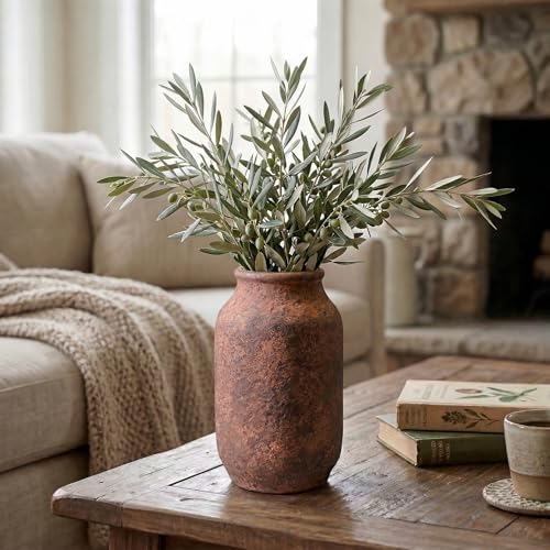 Terracotta Pottery Vase, 9 Inch Ceramic Decorative Flower Vases for Home Decor, Farmhouse Rustic Vase for Centerpieces, Living Room Entryway Table Mantle Decor, Brown