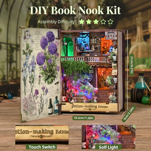 CCCDF Book Nook Kit, DIY Miniature Dollhouse Booknook Kit, 3D Wooden Puzzle for Teens and Adults, Bookend Bookshelf Insert Decor with LED Light (Potion-Making Edition) - style: Potion-Making Edition