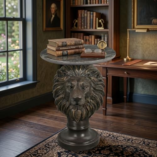 Vintage Bronze Lion Head Sculptural Side Table with Black Faux Marble Top, 19.69" Round Resin End Table, 25.59" H Majestic Accent Table for Living Room, Retro Office Decor, Heavy Duty - color: Black Lion