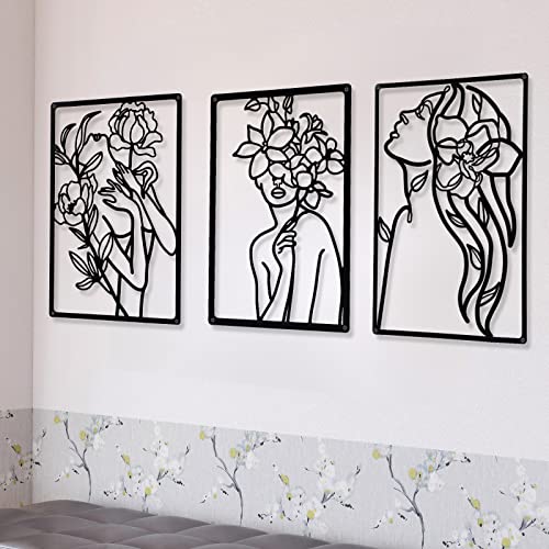 CHENGU 3 Pieces Metal Minimalist Abstract Woman Wall Art Line Drawing Wall Art Decor Single Line Female Home Hanging for Kitchen Bathroom Living Room - style: Floral Style
