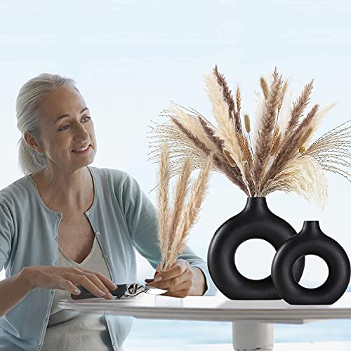 Black Ceramic Vases Set of 2, Modern Design for Home Decor,Black Style for Pampas Grass Matte Ceramic Vase for Farmhouse Living Room Kitchen Bedroom Mantle Coffee Dining Table Decoration - color: Black, size: Small + Big