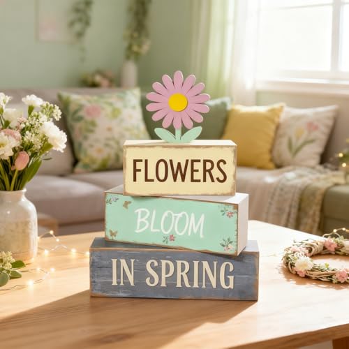 Spring Decoration Wooden Tiered Tray Decor – Daisy Flower Spring Stacked Block Sign – Farmhouse Tabletop Floral Spring Decor for Shelf Mantel Seasonal Home Display - style: Floral