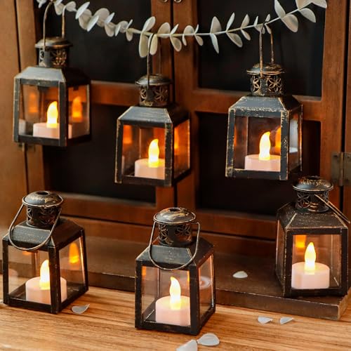 TRIROCKS 6 Pcs Small Metal Candle Lanterns Vintage Hanging House Tealight Lantern Decorative Candle Tea Light Holders for Table Valentine Patio Indoor Outdoor Gifts(Black with Gold Brush) - color: Black