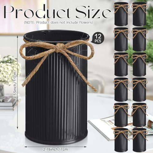 Rustic Vase for Table Centerpieces 4.33 Inch Small Petite Flower Vase with Twine Bow Vintage Farmhouse Decor for Wedding Reception Dining, Home Galvanized Metal Buckets(Black,12 Pcs) - color: Black