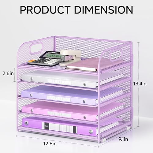 Lavatino Desk Letter Tray Paper Organizer, 5-Tier with Handle Metal Mesh Desktop File Organizer Paper Holder for Classroom Office Desk Accessories- Purple - color: 5 Tier - Purple, size: 12.6" x 9.1" x 11.5"