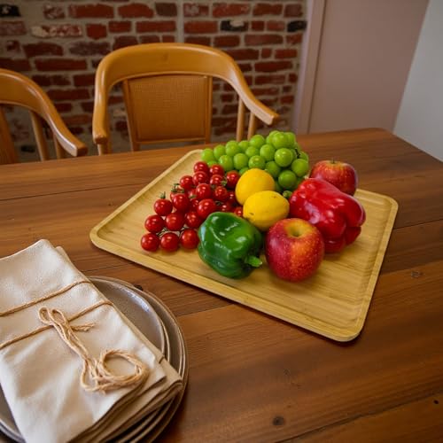 Bamboo Serving Tray Rectangle Platter Breakfast Dinner Food Bed Tray for Eating Kitchen Restaurants (1, 15.7" x 12.8" x 0.8" (no Handle)) - size: 15.7" x 12.8" x 0.8"